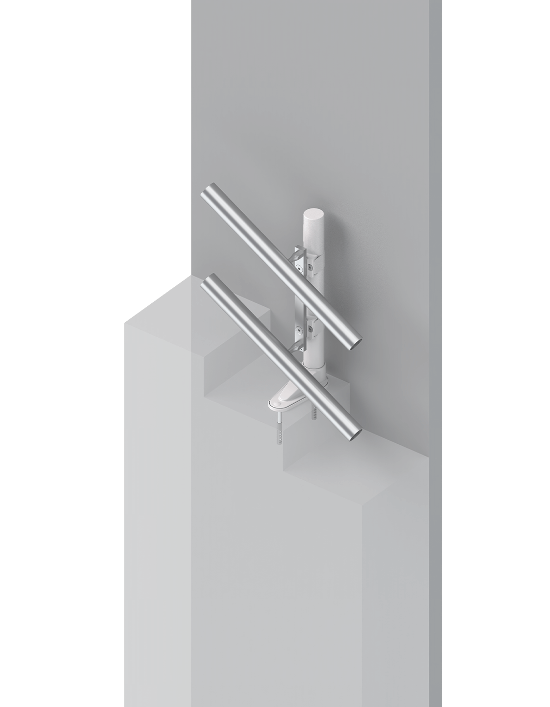 Moderne Wandhalterung für zwei Leuchten in Aluminiumoptik, montiert an einer grauen Wand, ideal für kreative Beleuchtungslösungen in Wohn- und Geschäftsräumen.