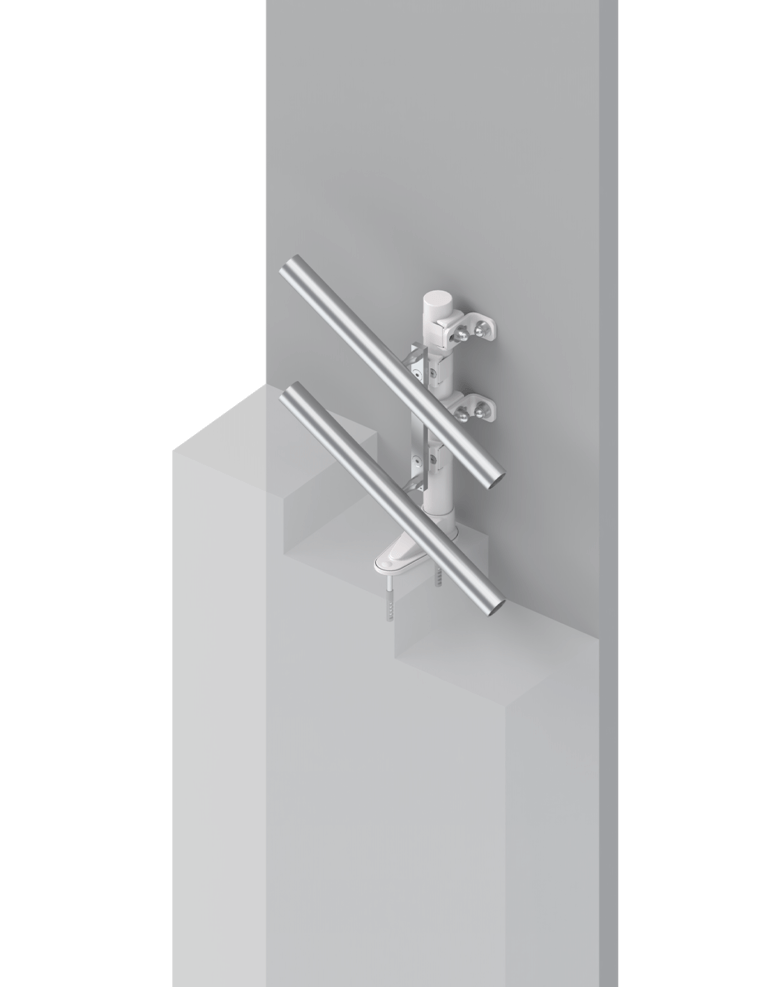 Moderne Wandhalterung für zwei Edelstahlrohre, ideal für die Installation in verschiedenen Innenräumen. Die Halterung bietet Stabilität und ein elegantes Design, perfekt für zeitgemäße Architektur.