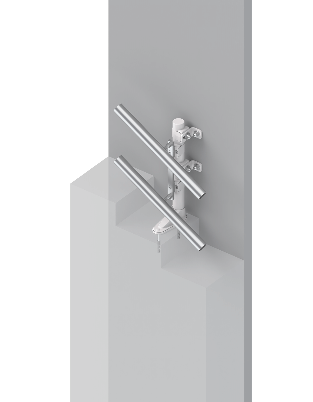Moderne Halterung für zwei Edelstahlrohre an einer grauen Wand, ideal für industrielle Anwendungen oder als Designelement in modernen Innenräumen.