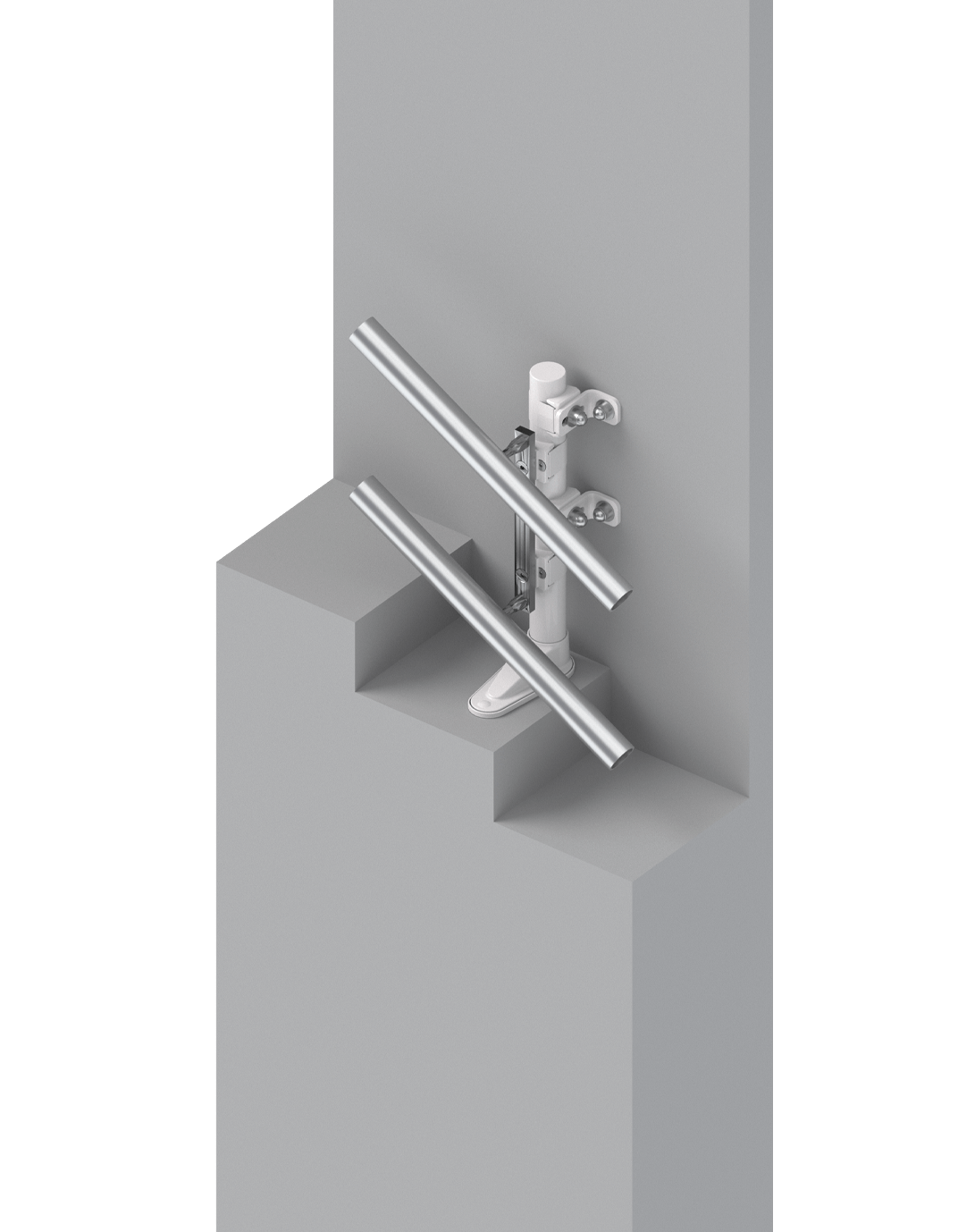 Innovative Halterung für Treppenstufen, bestehend aus einem stabilen weißen Grundelement und zwei verchromten Metallstangen, die eine sichere Befestigung gewährleisten. Ideal für moderne Innenarchitektur und Treppenlösungen.
