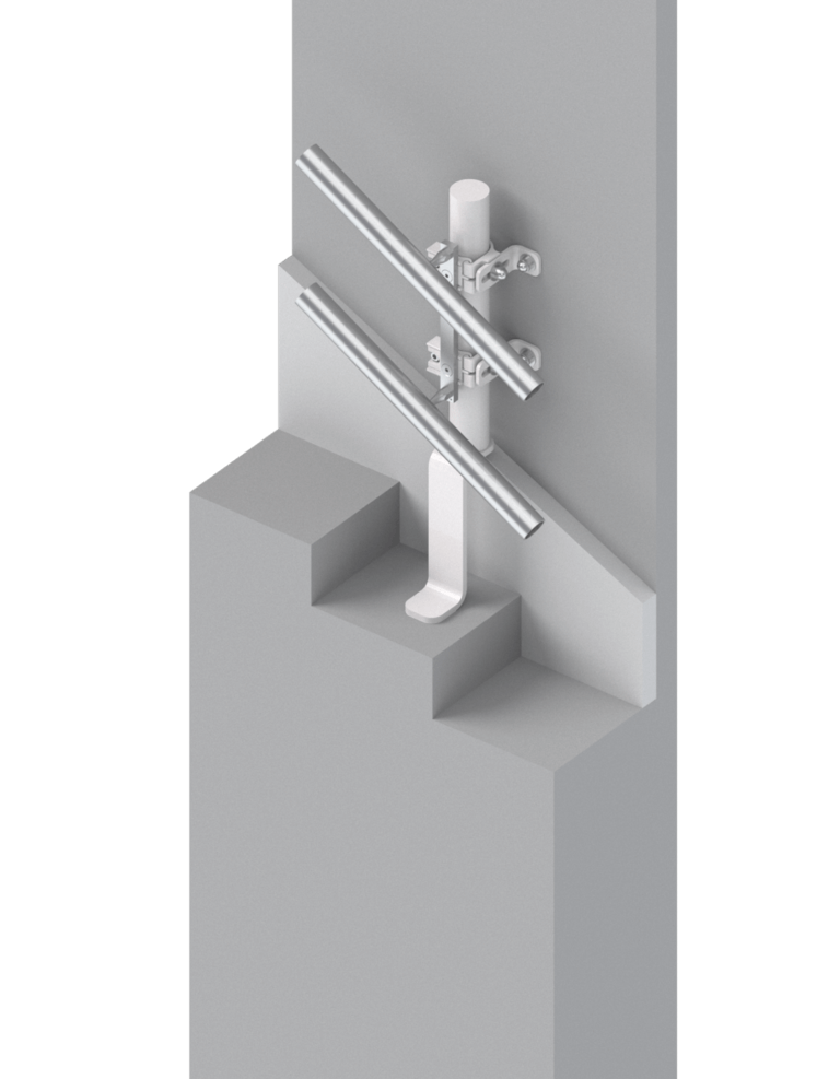 Technische Darstellung eines Treppengeländers mit vertikalen und horizontalen Elementen, das an einer Wand montiert ist. Ideal für die Planung von Sicherheitslösungen in Innenräumen.