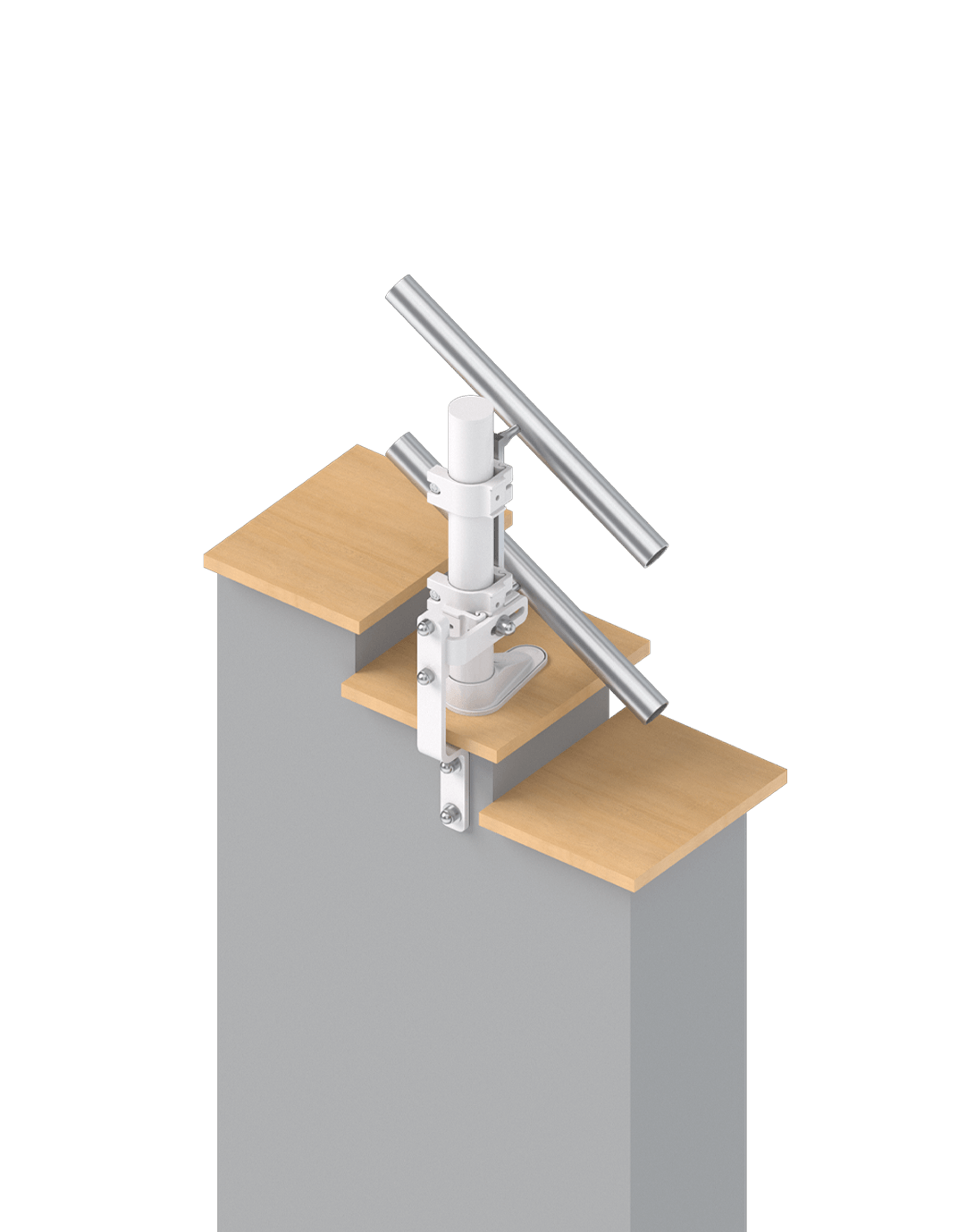 Montage eines stabilen Halters mit Holzplatten und einem verstellbaren Metallarm auf einem grauen Untergrund, ideal für Werkstätten oder industrielle Anwendungen.