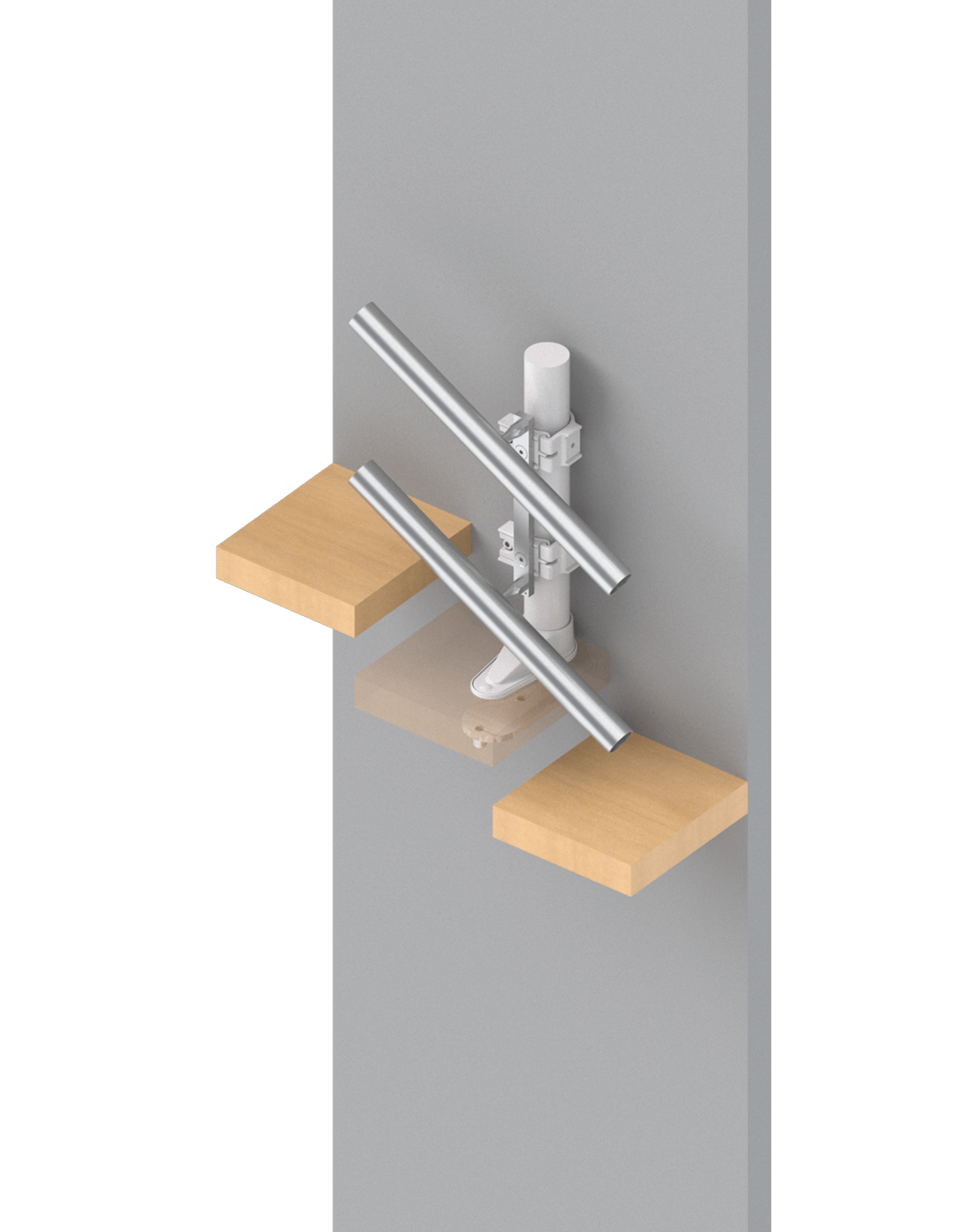 Detailansicht einer modernen Wandhalterung mit zwei Holzablagen und einem stabilen Metallgestell, geeignet für die Präsentation von Objekten oder als dekoratives Element in Innenräumen.