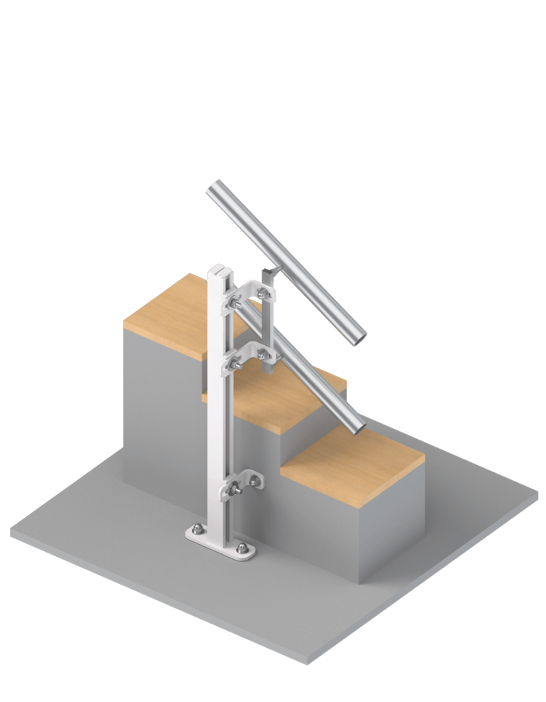 3D-Illustration einer Fitnessgeräte-Kombination mit einer schrägen Stange und zwei Holzstufen, geeignet für Krafttraining und funktionelle Übungen.