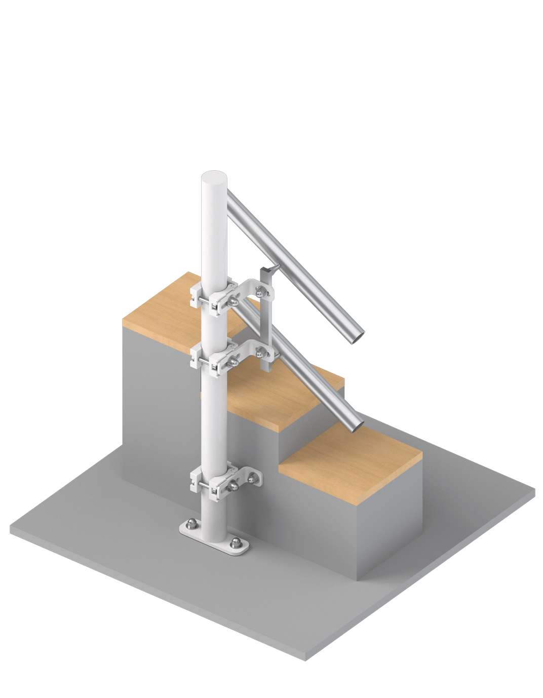 3D-Modell einer Treppe mit Handlauf, bestehend aus einem stabilen Grundgerüst und zwei Holzstufen. Ideal für den Einsatz in modernen Bauprojekten und Innenarchitekturen.