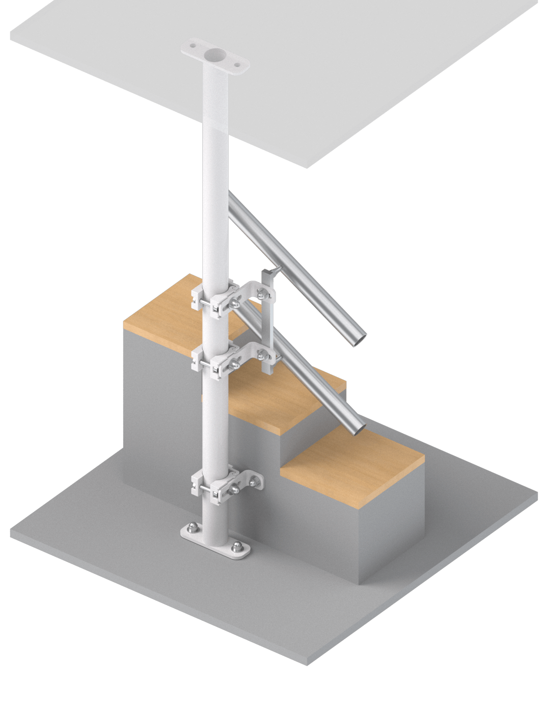 3D-Illustration eines Treppenaufbaus mit stabilen Stützen, Holzstufen und einem Handlauf, ideal für Bau- und Architekturprojekte.