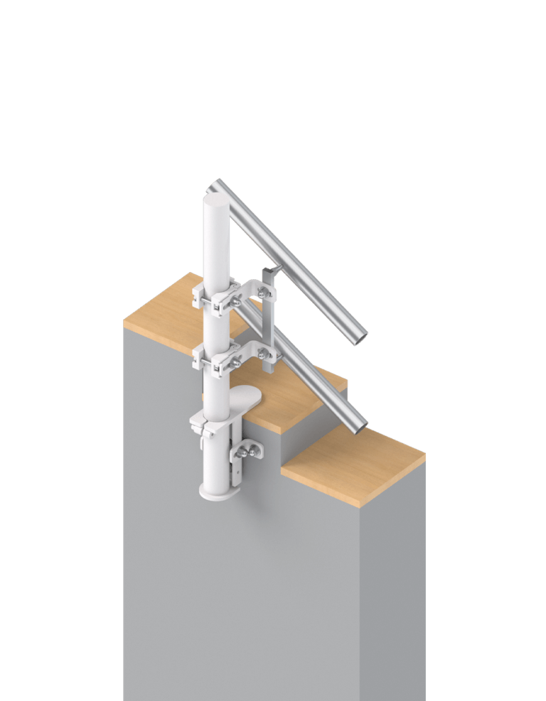 Illustration eines stabilen Geländers mit vertikalem Pfosten und horizontalen Griffen, die an einer Holzoberfläche befestigt sind, ideal für Sicherheitsanwendungen in Treppenhäusern oder auf Plattformen.