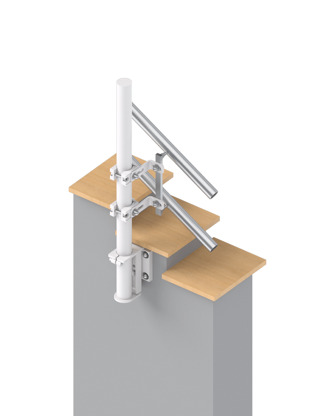 Technische Darstellung eines Halterungssystems mit einem vertikalen Rohr und zwei horizontalen Stangen, montiert auf einer Holzplatte. Ideal für Anwendungen in der Industrie oder im Bauwesen.