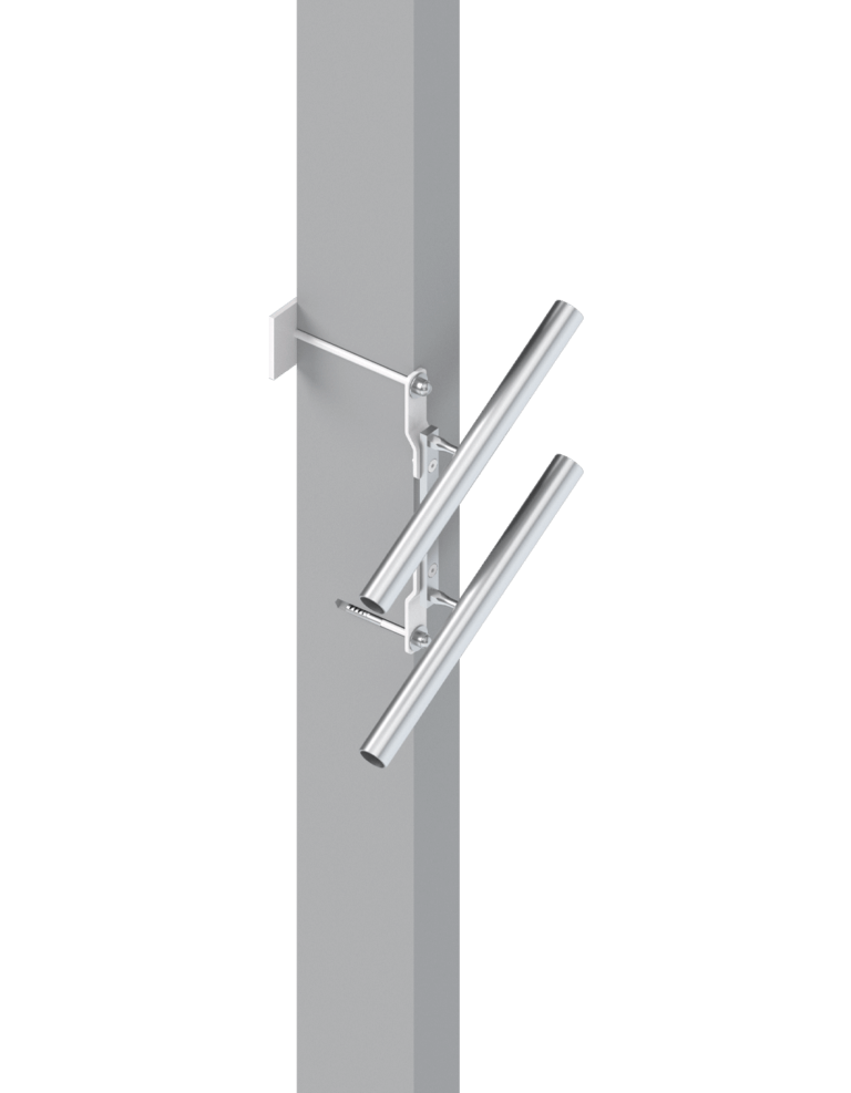 Montagehalterung für zwei Rohre an einem vertikalen Träger, ideal für die Installation in industriellen oder gewerblichen Anwendungen. Die Halterung bietet Stabilität und Flexibilität für verschiedene Rohrdurchmesser.