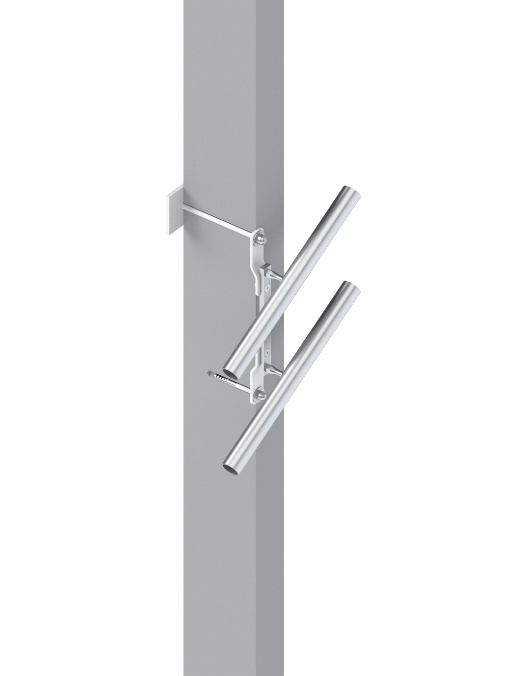 Detailansicht einer modernen Halterung mit zwei Aluminiumrohren, die an einer vertikalen grauen Säule montiert ist. Die Halterung ist für verschiedene Anwendungen konzipiert und bietet Flexibilität und Stabilität. Ideal für industrielle und gewerbliche Nutzung.