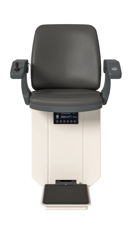 Moderne ergonomische Sitzgelegenheit mit grauem Polster und Bedienfeld, ideal für medizinische oder kosmetische Anwendungen, ausgestattet mit Armlehnen und Fußstütze für optimalen Komfort.