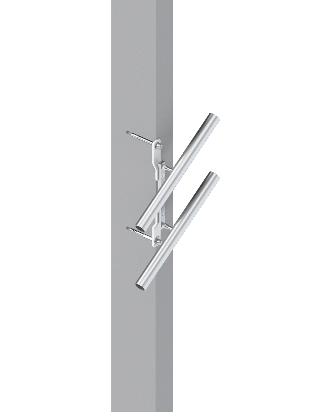 Montagehalterung aus Aluminium für zwei Rohre, geeignet für verschiedene Anwendungen im Bau- und Möbelbereich. Die Halterung ist an einem vertikalen Träger befestigt und bietet Stabilität sowie Flexibilität in der Anordnung.