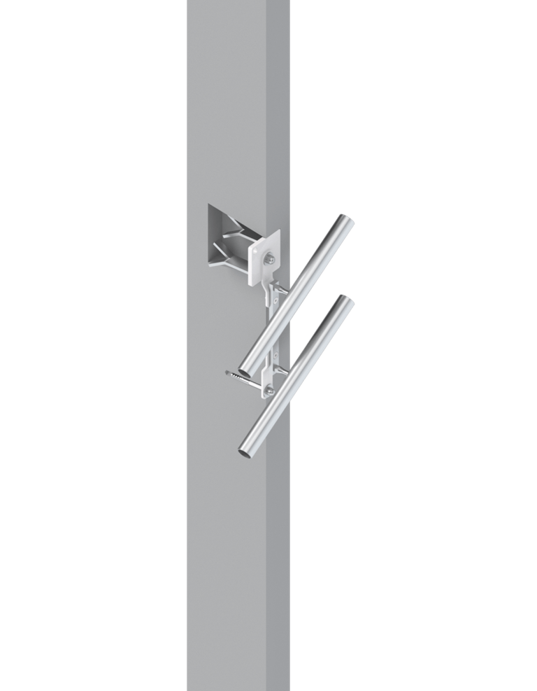 Moderne Aluminiumhalterung für die Montage von Leuchten an vertikalen Oberflächen, zeigt eine elegante und funktionale Konstruktion mit zwei Leuchtrohren und einem robusten Befestigungselement. Ideal für die Innen- und Außenbeleuchtung.