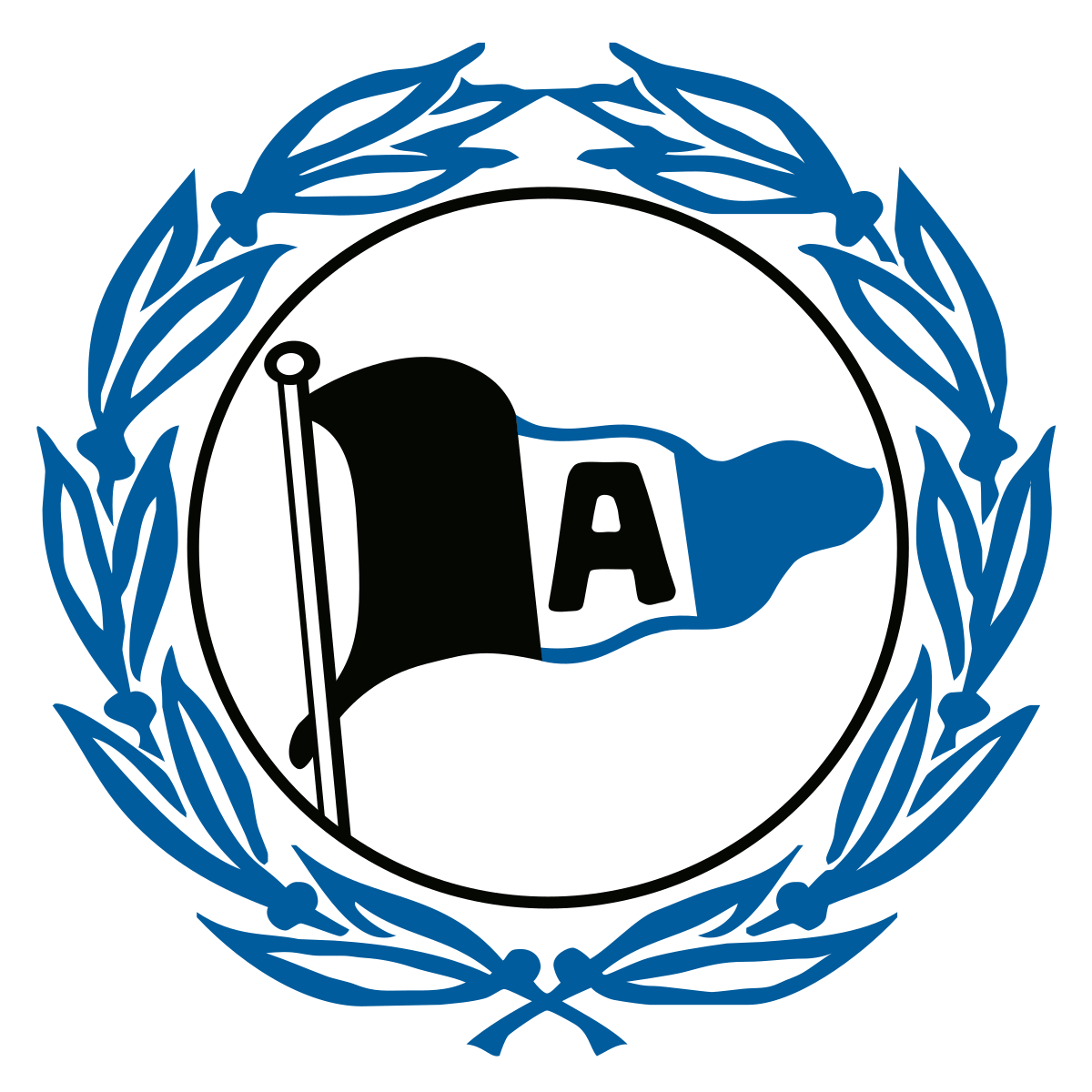 Logo des Fußballvereins Arminia Bielefeld, bestehend aus einem schwarzen und blauen Wappen mit einem Buchstaben A, umgeben von einem Kranz aus blauen Lorbeerblättern.
