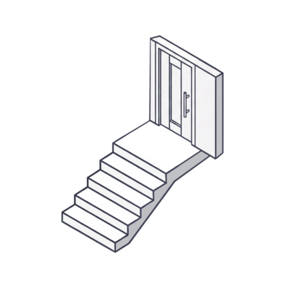Illustration einer Treppe, die zu einer Doppeltür führt, minimalistisches Design, isometrische Perspektive.