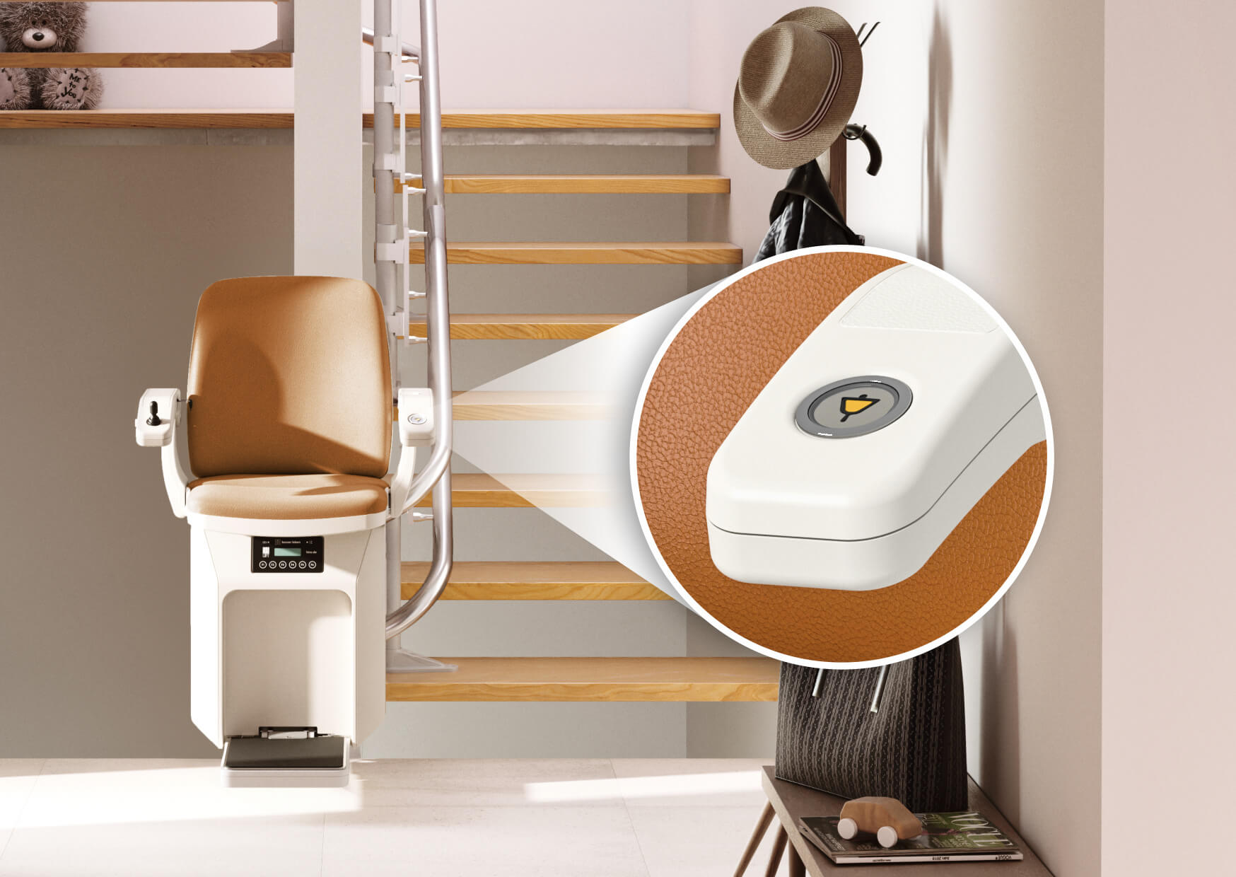 Treppenlift mit komfortablem Sitz und Bedienfeld, platziert neben einer Treppe in einem modernen Wohnraum. Der Fokus liegt auf der Steuerungseinheit des Lifts, die eine benutzerfreundliche Bedienung ermöglicht.