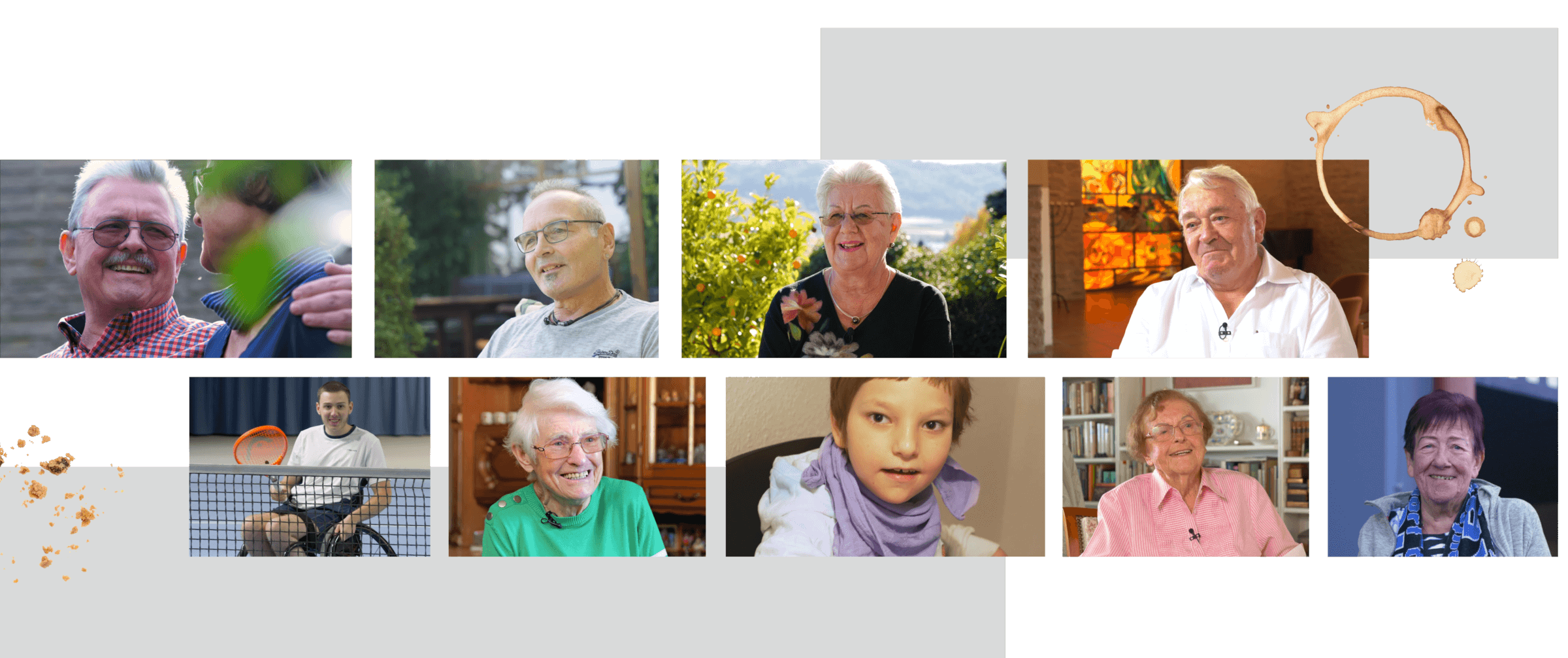 Eine Collage von acht Portraits älterer Menschen, die verschiedene Lebensfreude und Aktivitäten darstellen, darunter Gespräche, sportliche Betätigung im Rollstuhltennis und familiäre Interaktionen. Die Bilder zeigen eine Vielzahl von Emotionen und Lebenssituationen, die das Leben im Alter bereichern.
