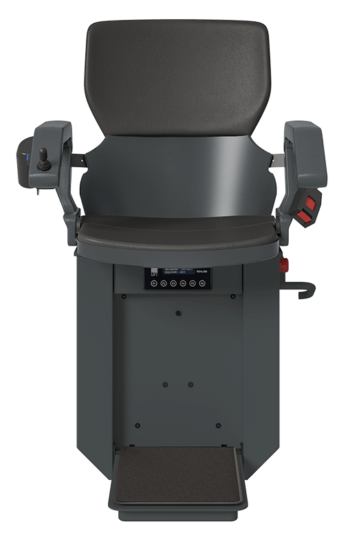 Hochwertiger ergonomischer Stuhl mit Armlehnen und Bedienelementen, ideal für medizinische oder technische Anwendungen, ausgestattet mit einer stabilen Fußstütze und moderner Steuerung.